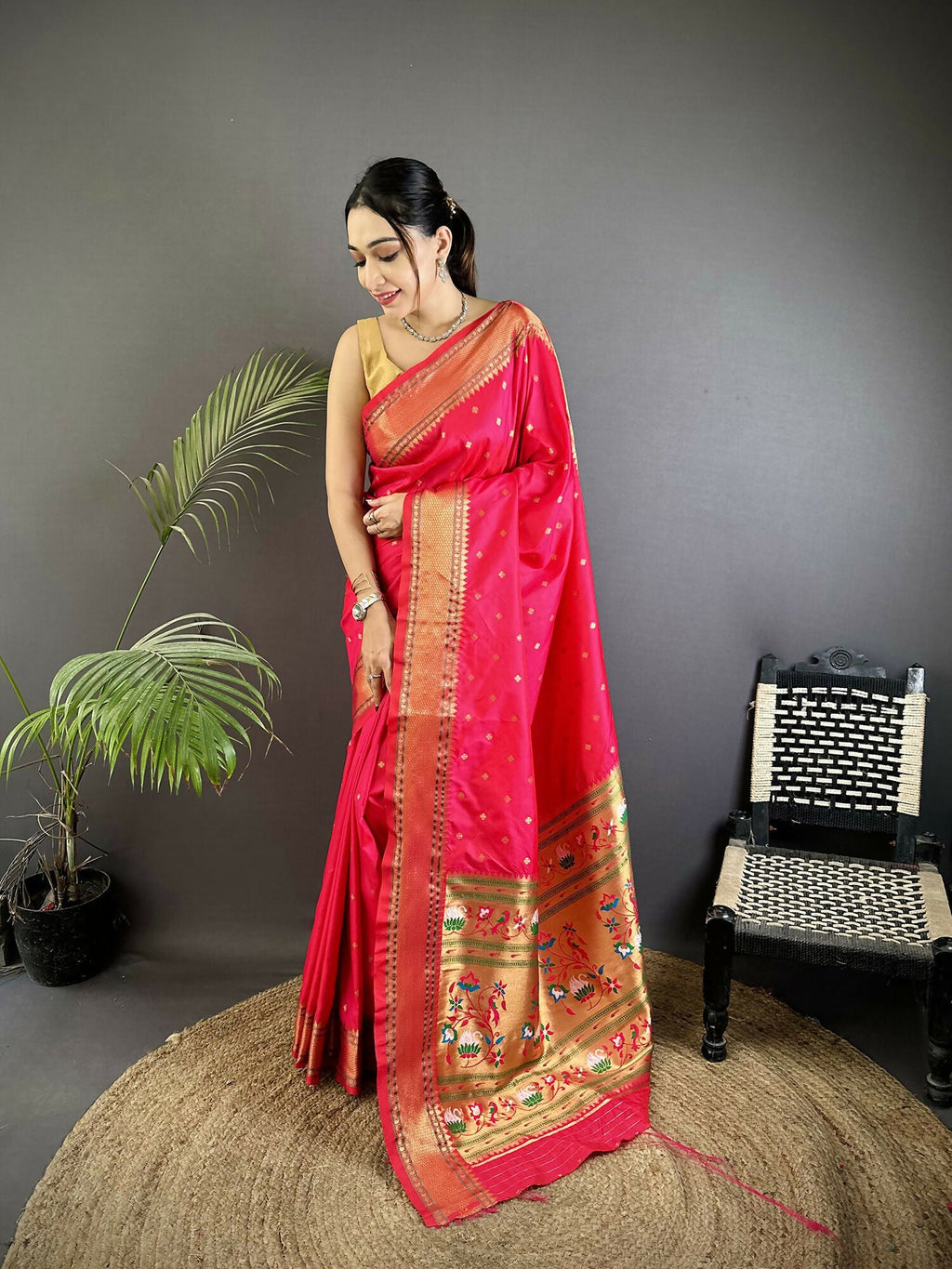 Joban Fashion Magenta Pink Butti Woven Soft Lichi Silk Paithani Saree | Grocsy