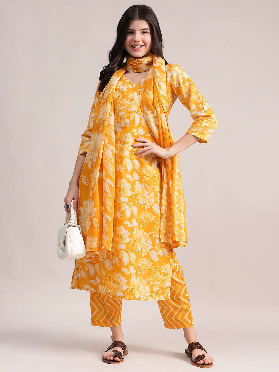 Aavyora Women Mustard Yellow Floral Printed Kurta with Chevron Printed Pants & Dupatta Set | Grocsy