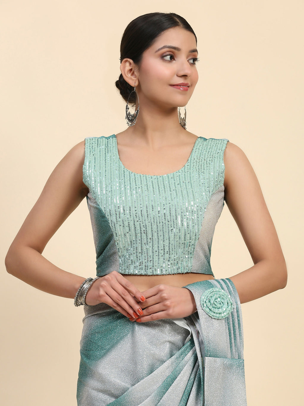 Sea Green Polyester Solid Ready to Wear Saree with stitched Blouse - Aayan | Grocsy