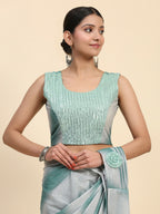 Sea Green Polyester Solid Ready to Wear Saree with stitched Blouse - Aayan | Grocsy