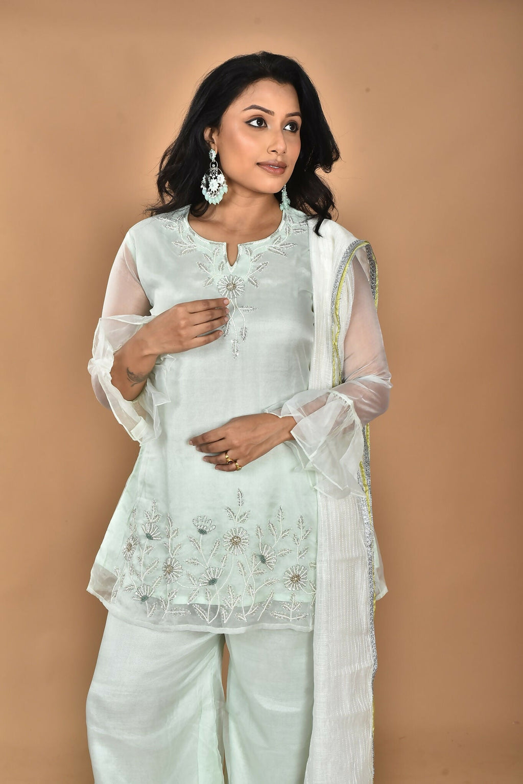 Morchari Women And Hand Embroidery Palazzo Set-Green | Grocsy