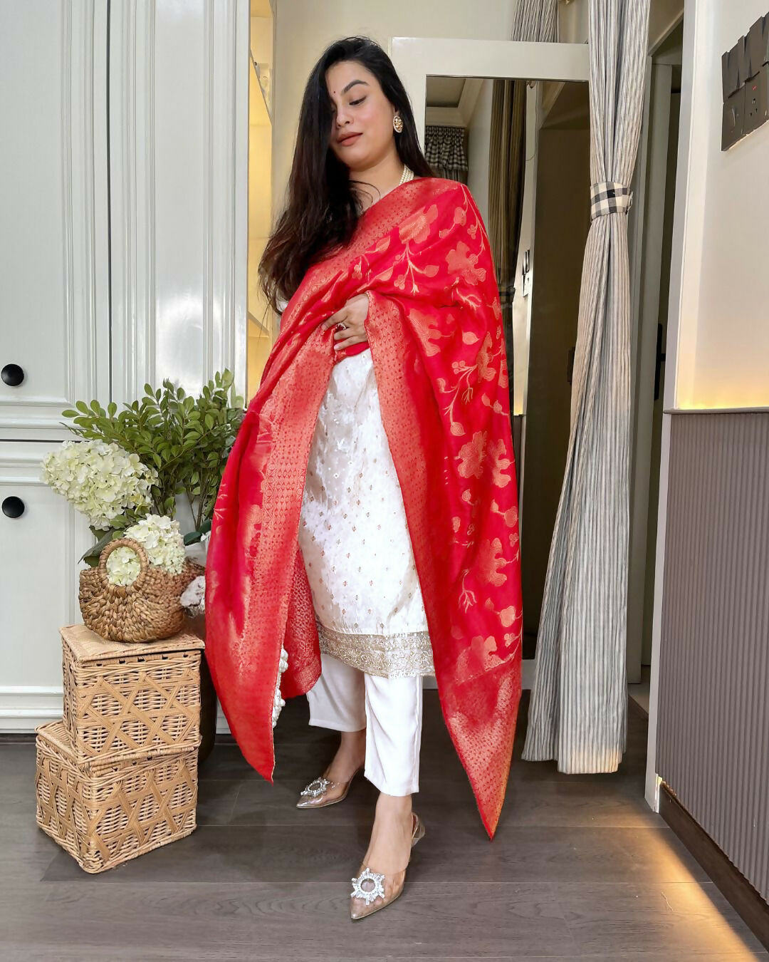 The52 White Women's Beautiful Chanderi Jacquard Fabric Embroidered Work Straight Kurta Pant and Dupatta Set | Grocsy