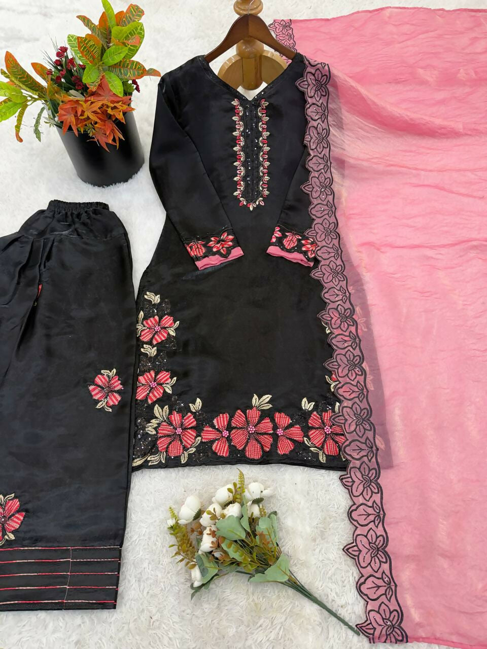 Teeya Creation Women's Fancy Stylish Heavy Embroidery Sequence Work With Rivet Moti Work Peach Kurta Set | Grocsy