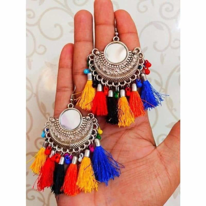 MS Fashion India Multi Color Silk Threads Hangings With Mirror Half Moon Chandbali Earrings | Grocsy