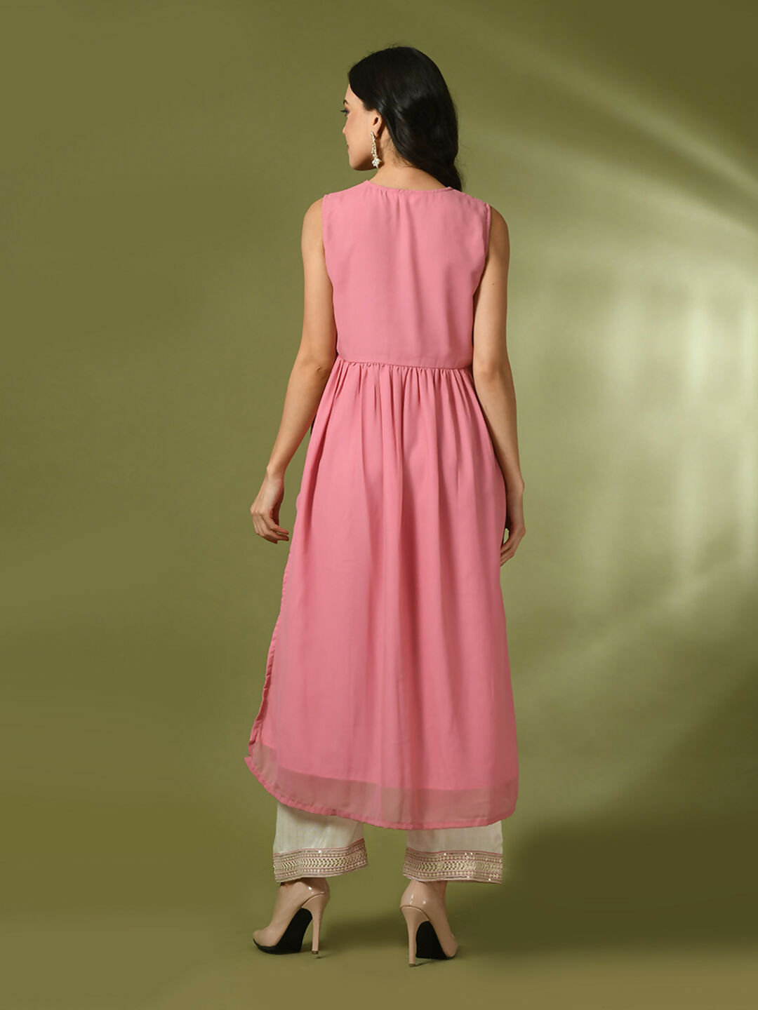 Myshka Women's Pink Solid Georgette Anarkali Party Kurta Set | Grocsy
