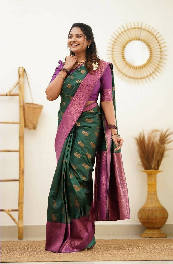 DEIANA'S Beautiful Designer Golden zari Soft Lichi Silk Saree - Teal | Grocsy