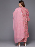 Sztori Plus Size Floral Printed Gotta Patti Cotton Straight Kurta & Trousers With Dupatta | Grocsy