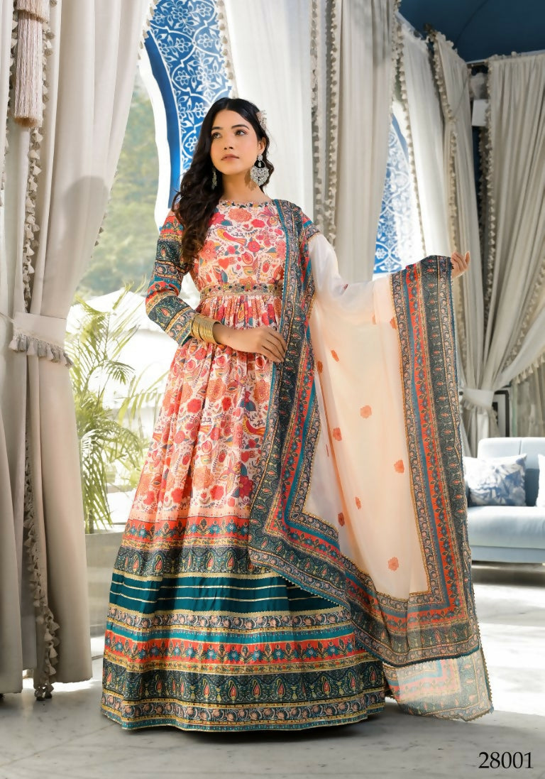Wedding Designer Multi Soft Dola Silk Anarkali suit with Dupatta - Sanj | Grocsy