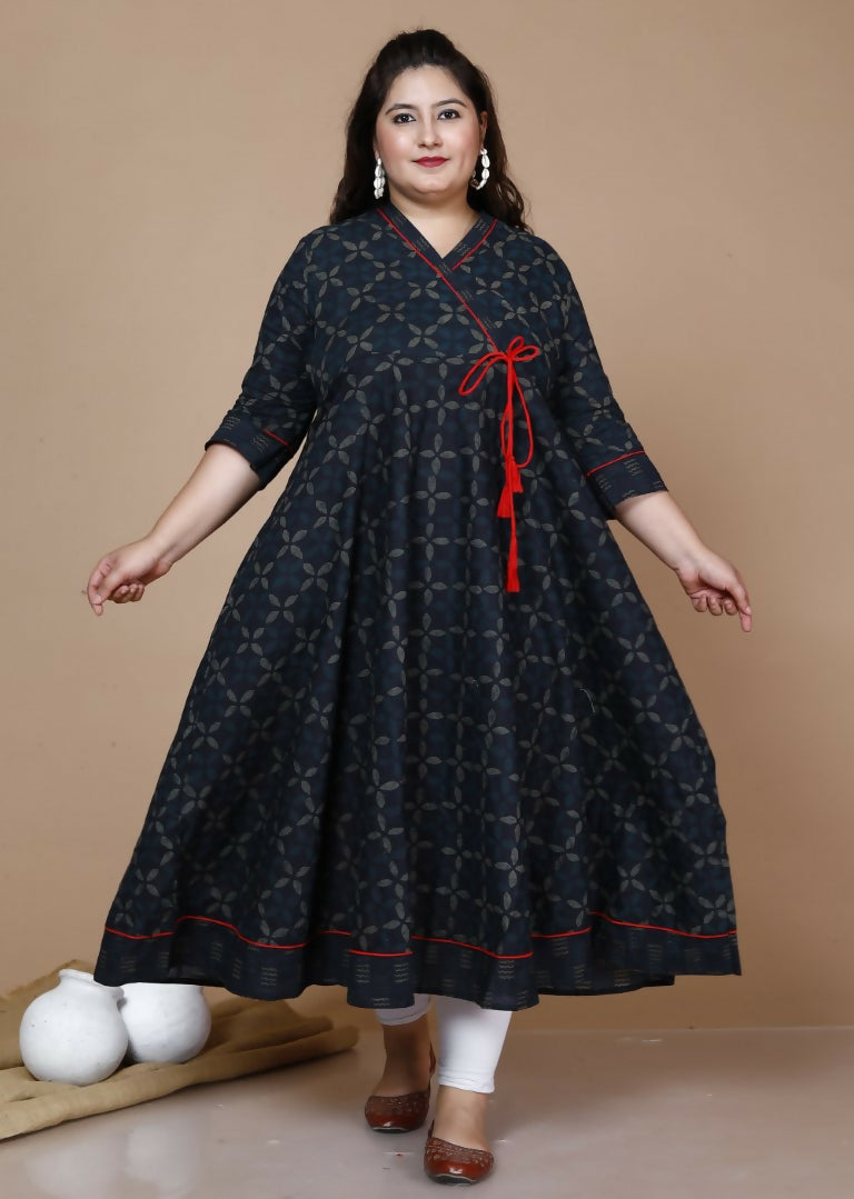 Miravan Women's Plus Size Navy Blue Printed Angrakha Kurta | Grocsy