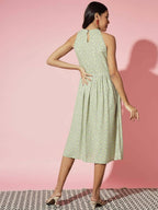 Myshka Women Green Ethnic Motifs Rayon A-Line Round Neck Dress | Grocsy