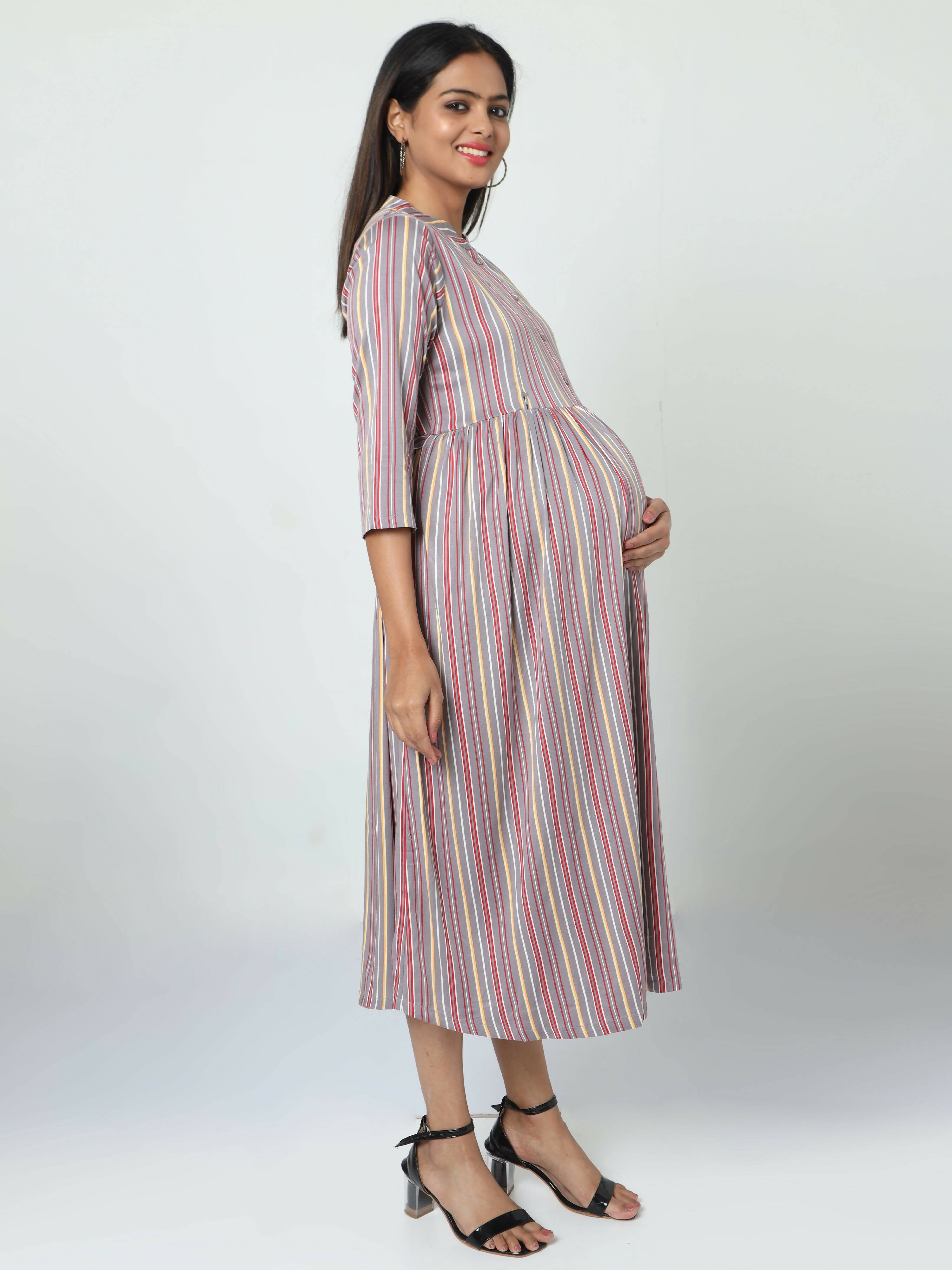 Manet Three Fourth Maternity Dress Striped With Concealed Zipper Nursing Access - Grey | Grocsy
