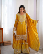The52 Women's Beautiful Chinon silk Fabric Embroidery Work Straight Kurta Palazzo and Dupatta Set | Grocsy