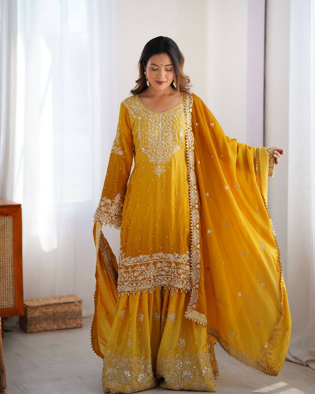 The52 Women's Beautiful Chinon silk Fabric Embroidery Work Straight Kurta Palazzo and Dupatta Set | Grocsy