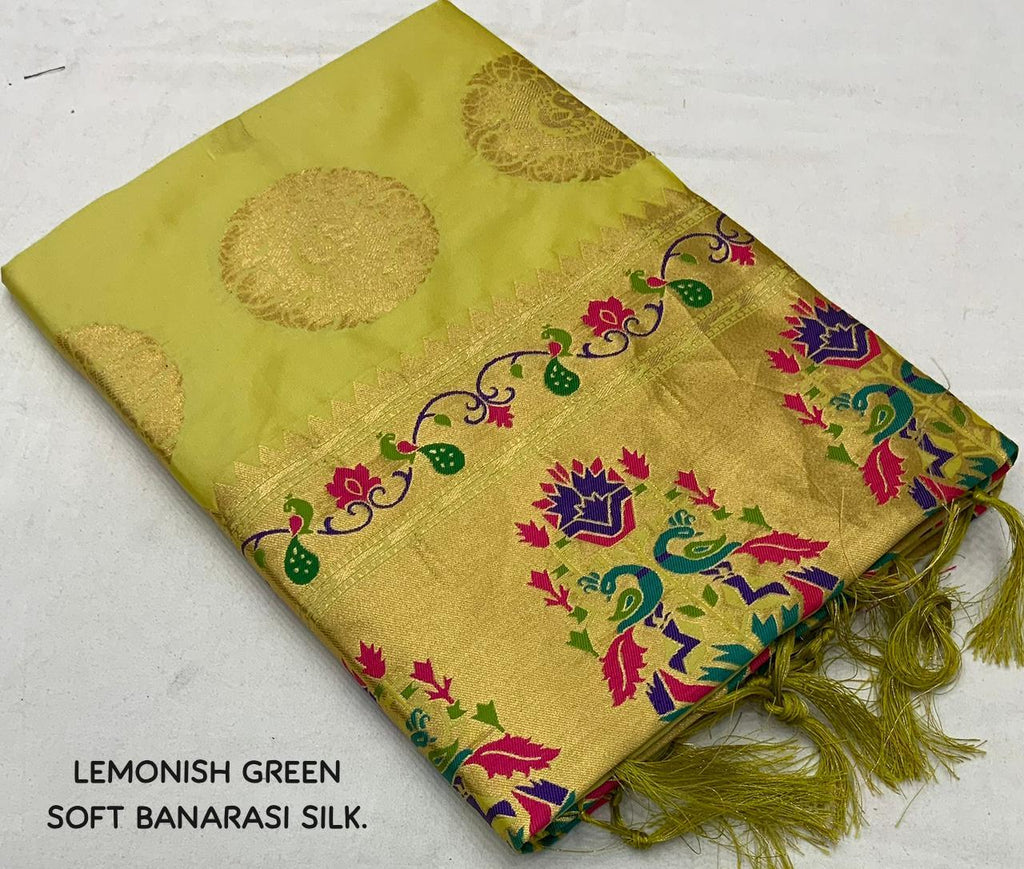 Lemon Green Pure Silk Woven Design Saree with Unstitched Blouse - A2M | Grocsy