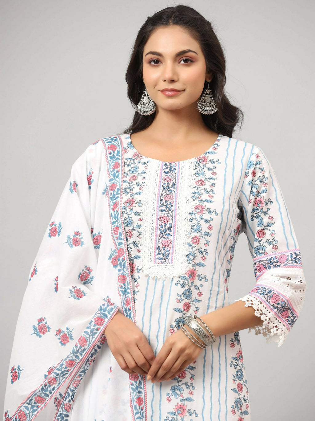 Juniper Women's Off-White Cambric Printed Stright Kurta Sets | Grocsy