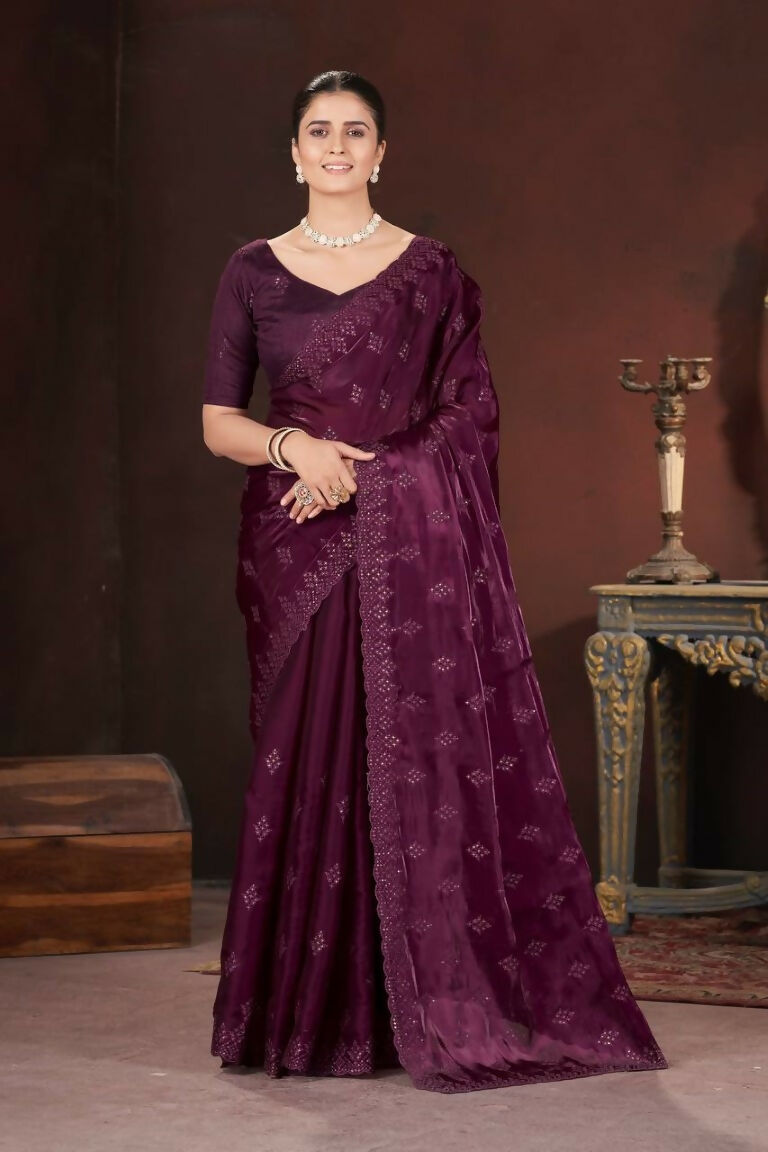 Vastranavya Wine Jimmy Choo Silk 3mm Sequence work with Cross Stitch Embroidery work & Cutwork Border Saree | Grocsy