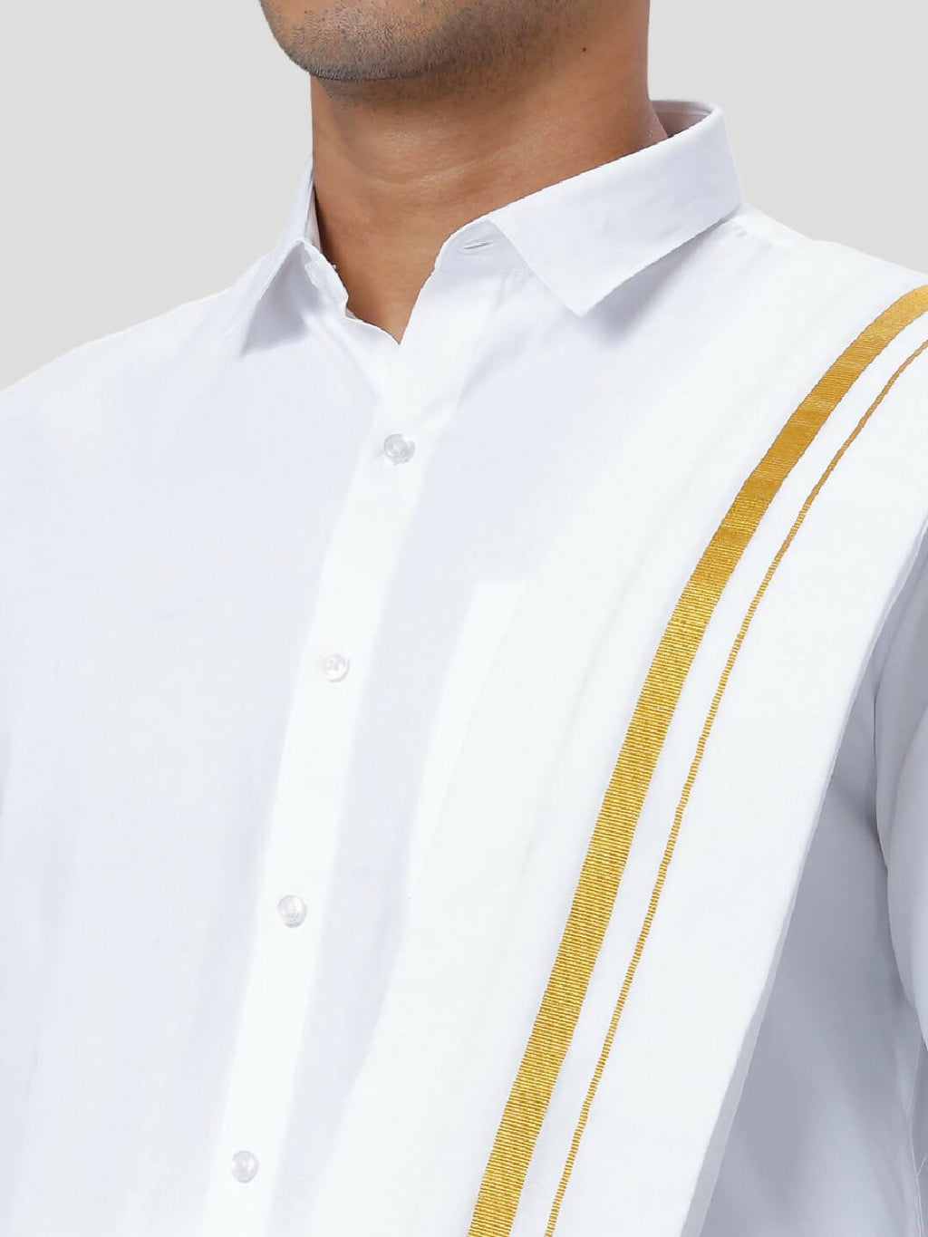 Ramraj Cotton Mens Poly Cotton 1" Gold Jari Dhoti With Towel Set - White | Grocsy