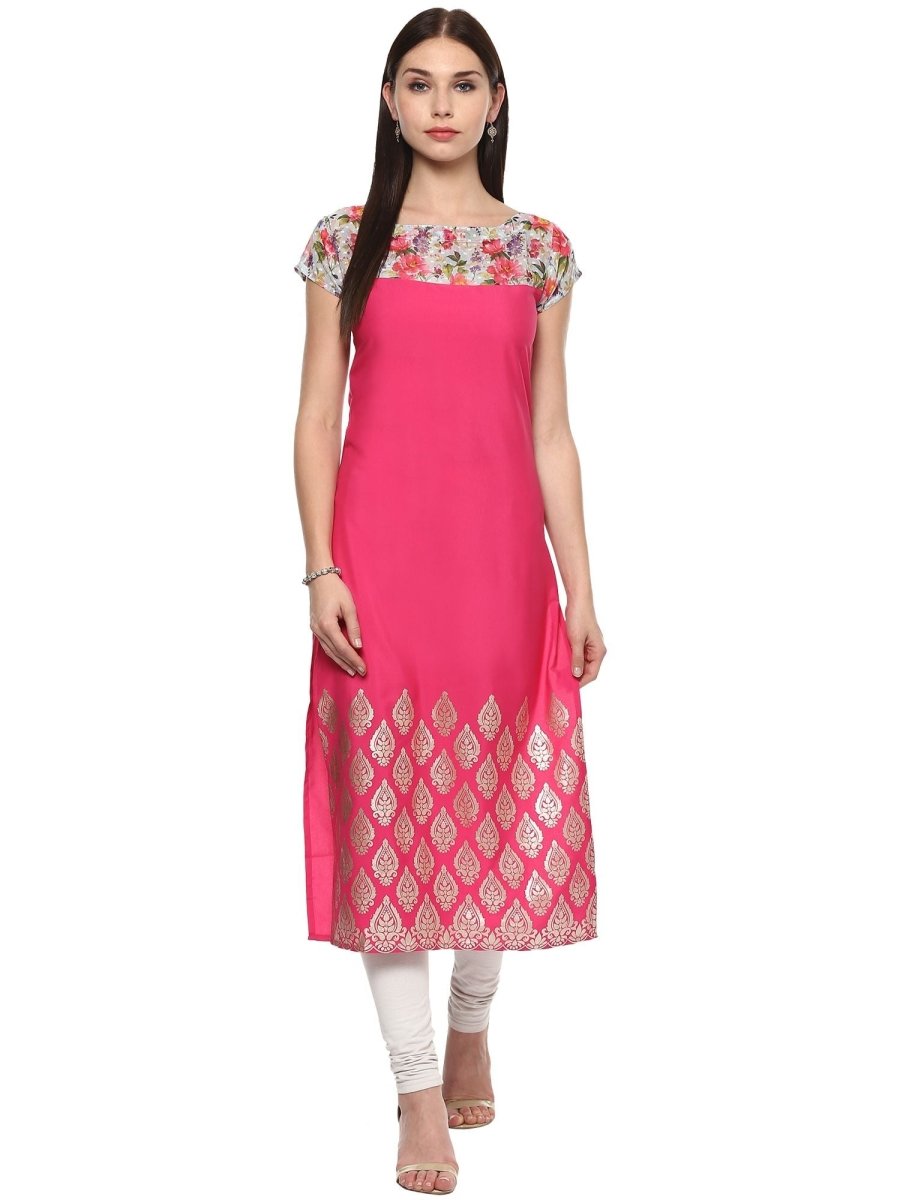 Ahalyaa Women's Pink Chanderi Printed Kurta | Grocsy