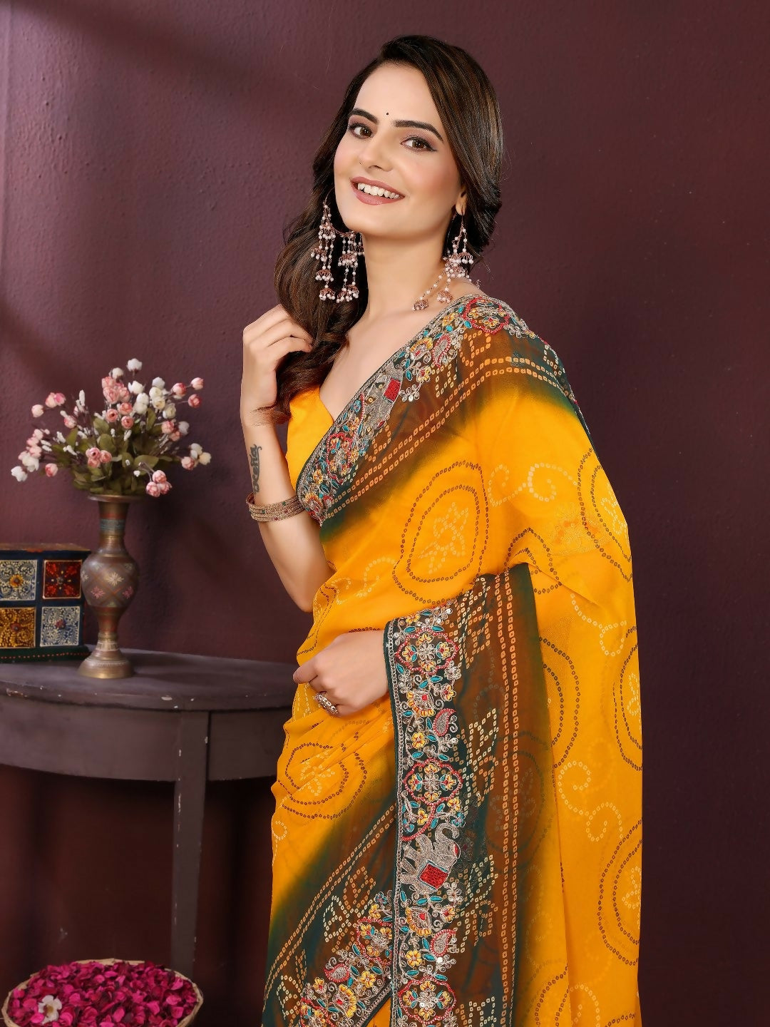 Ai Fashion Yellow Georgette Digital Print Party Wear Saree | Grocsy