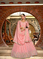 Pink Chinon Crushed Sequence and Thread Embroidery Work Lehenga Choli with Dupatta - Viharini | Grocsy