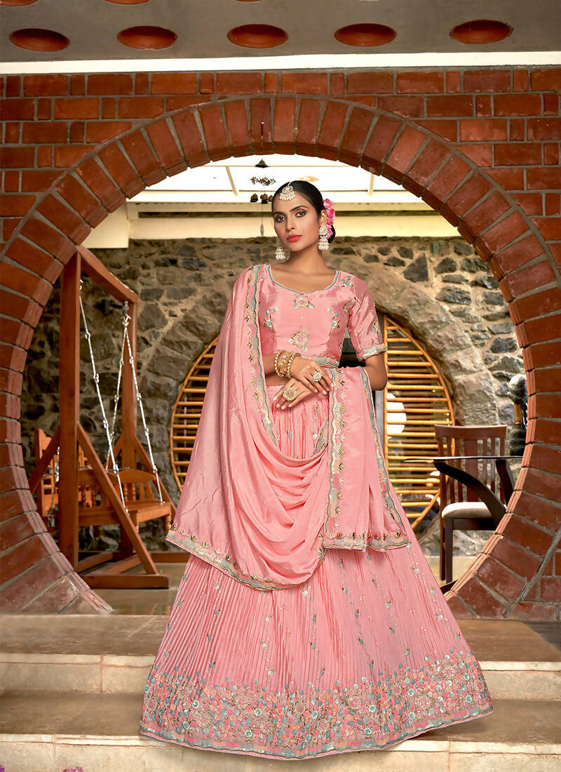 Pink Chinon Crushed Sequence and Thread Embroidery Work Lehenga Choli with Dupatta - Viharini | Grocsy
