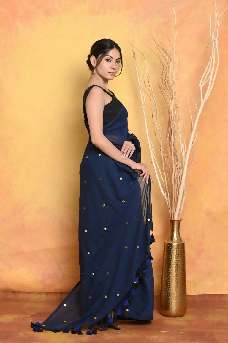 Very Much Indian Pure Mul Cotton Handloom Saree - Dark Blue | Grocsy