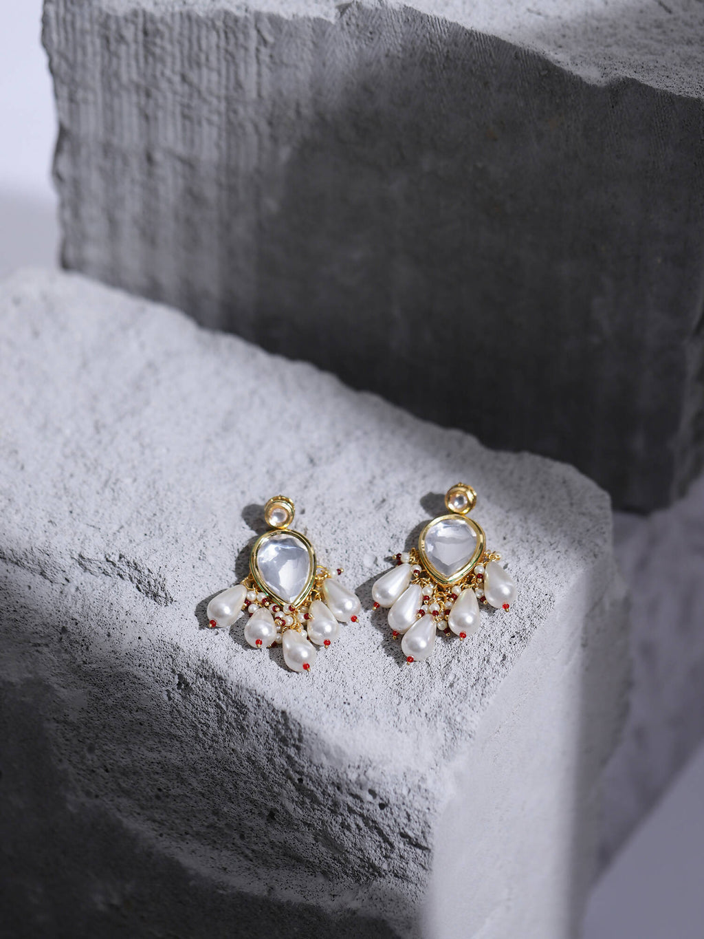 Gold-Toned White Kundan Contemporary Gold-Polished Drop Earrings - Ruby Raang | Grocsy