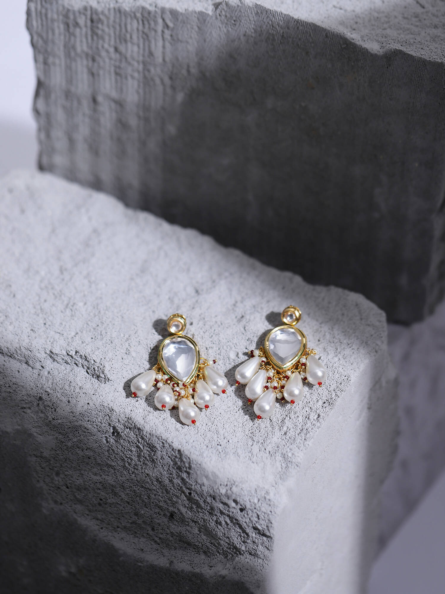 Gold-Toned White Kundan Contemporary Gold-Polished Drop Earrings - Ruby Raang | Grocsy