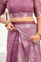 Joban Fashion Dusty Wine Floral & Striped Linen Ready To Wear Saree With Unstitched Blouse | Grocsy