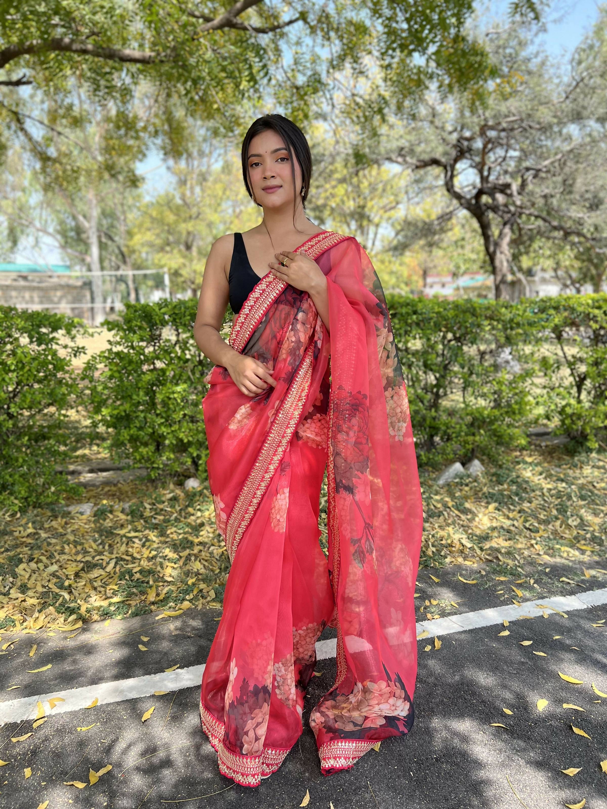 Vamsee Kali Patti Red Organza Saree | Grocsy