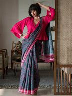 Suta Navy Blue Floral Pure Cotton Saree | Grocsy