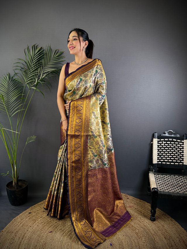 Elora Green Silk Leheriya Meenakari Zari Weaves Dharmavaram Saree | Grocsy
