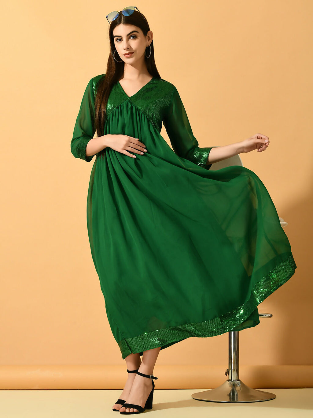 Myshka Women's Green Fit and Flare Party Dress | Grocsy