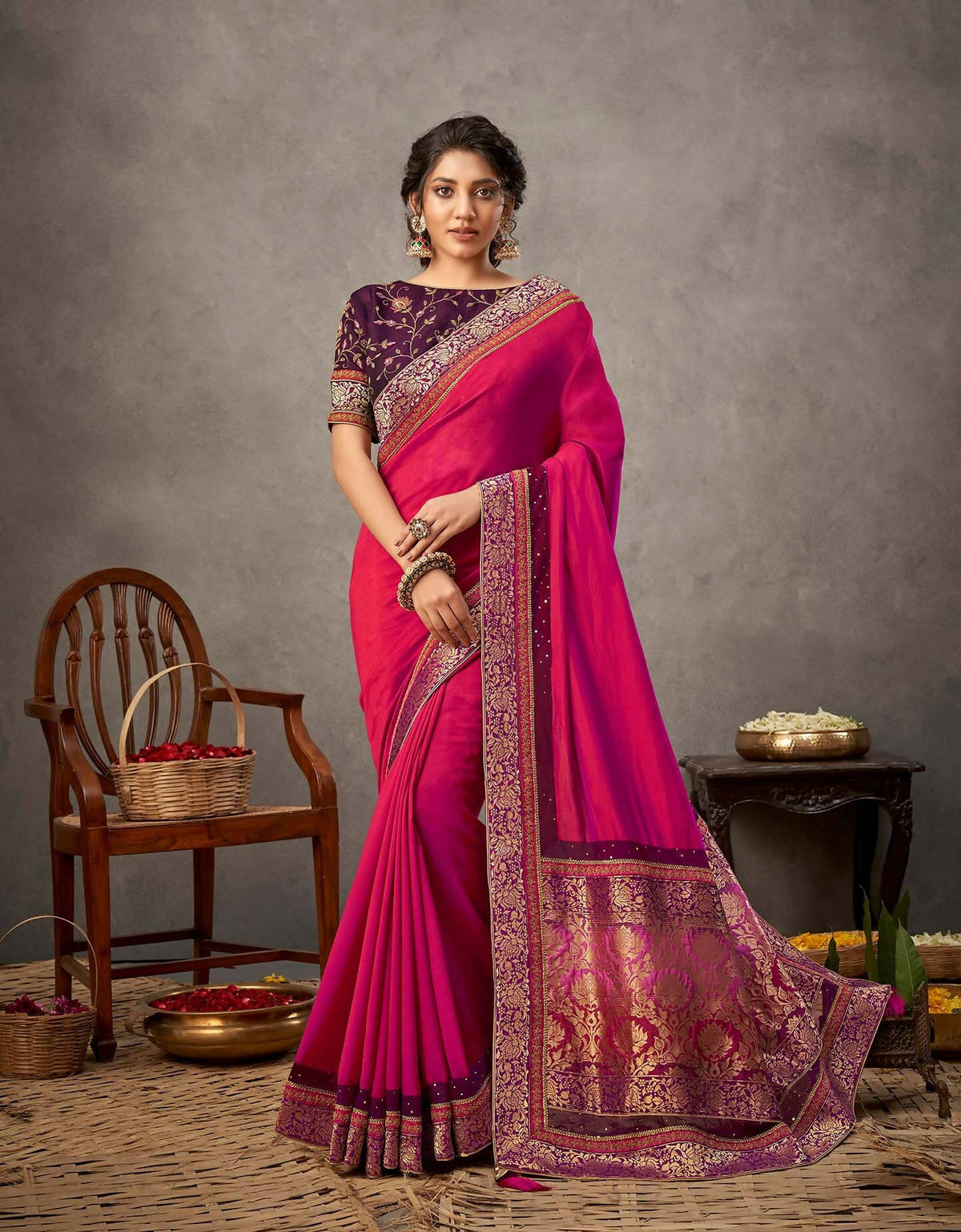 Pinkish-Purple Dual Tone Silk Georgette Thread, Zari And Cord Embroidery, Handwork Butta Saree - Norita Arinya | Grocsy
