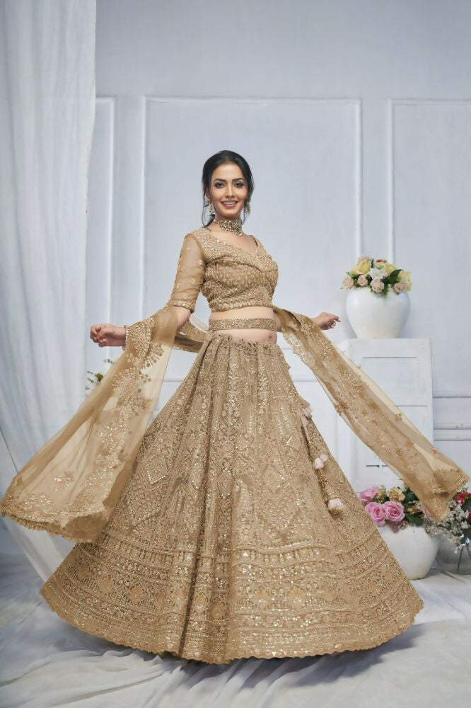 Kesar Fab Brown Net Embroidered Lehenga | Grocsy
