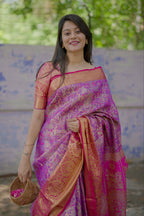 Prime Volt Royal Bridal Kanjivaram Silk Saree with Zari Weaving & Contrast Pink Pallu-Purple | Grocsy