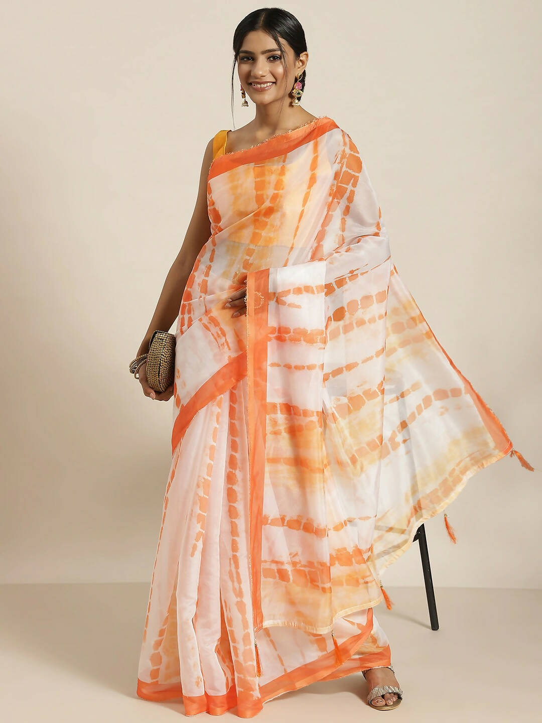 Orange Organza Printed Saree With Blouse Piece - Nivaa | Grocsy