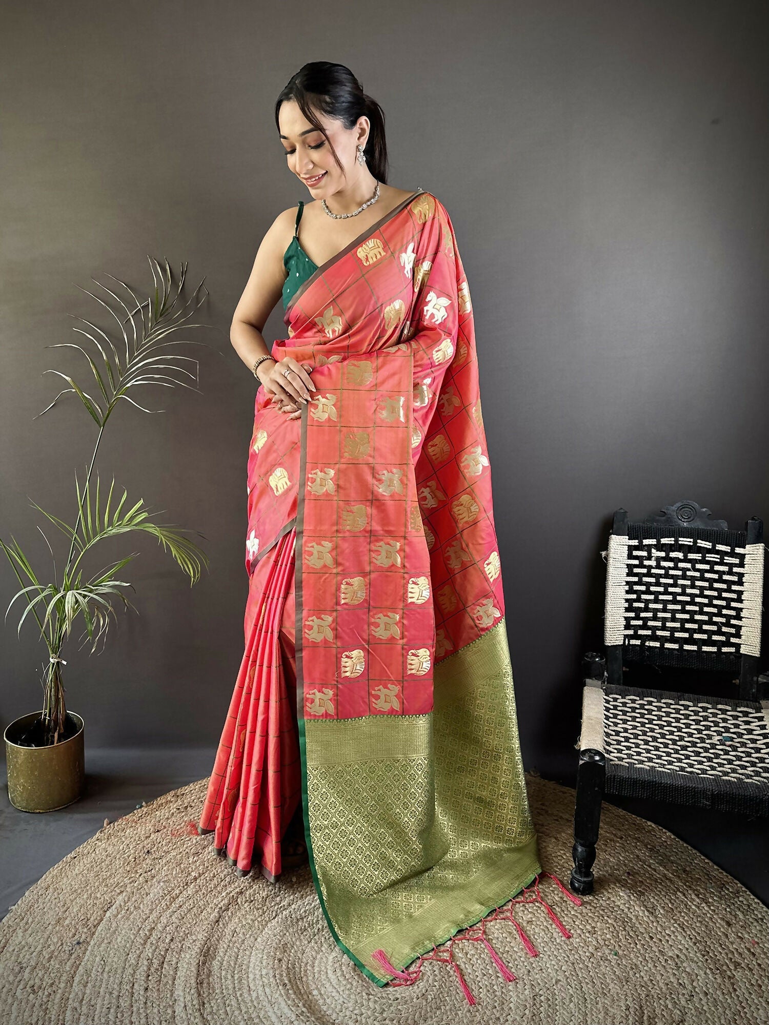 Joban Fashion Orange Elephant Motif Soft Silk Banarasi silk Saree | Grocsy