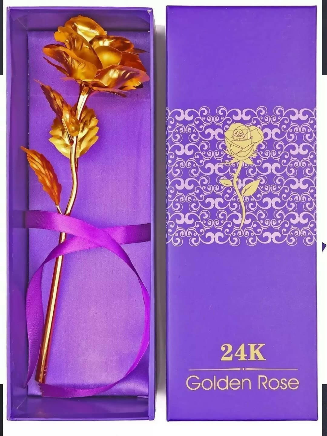Tied Ribbons Gold-Polished Artificial Rose Flower With Box - Valentine's Day Gifts | Grocsy