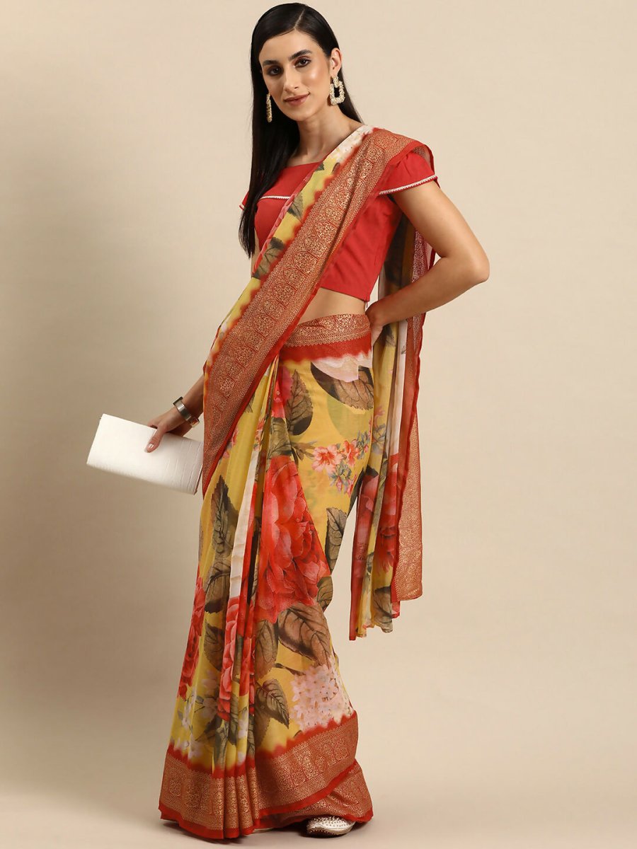 Ahalyaa Women's Traditional Semi Stitch Saree - Yellow | Grocsy
