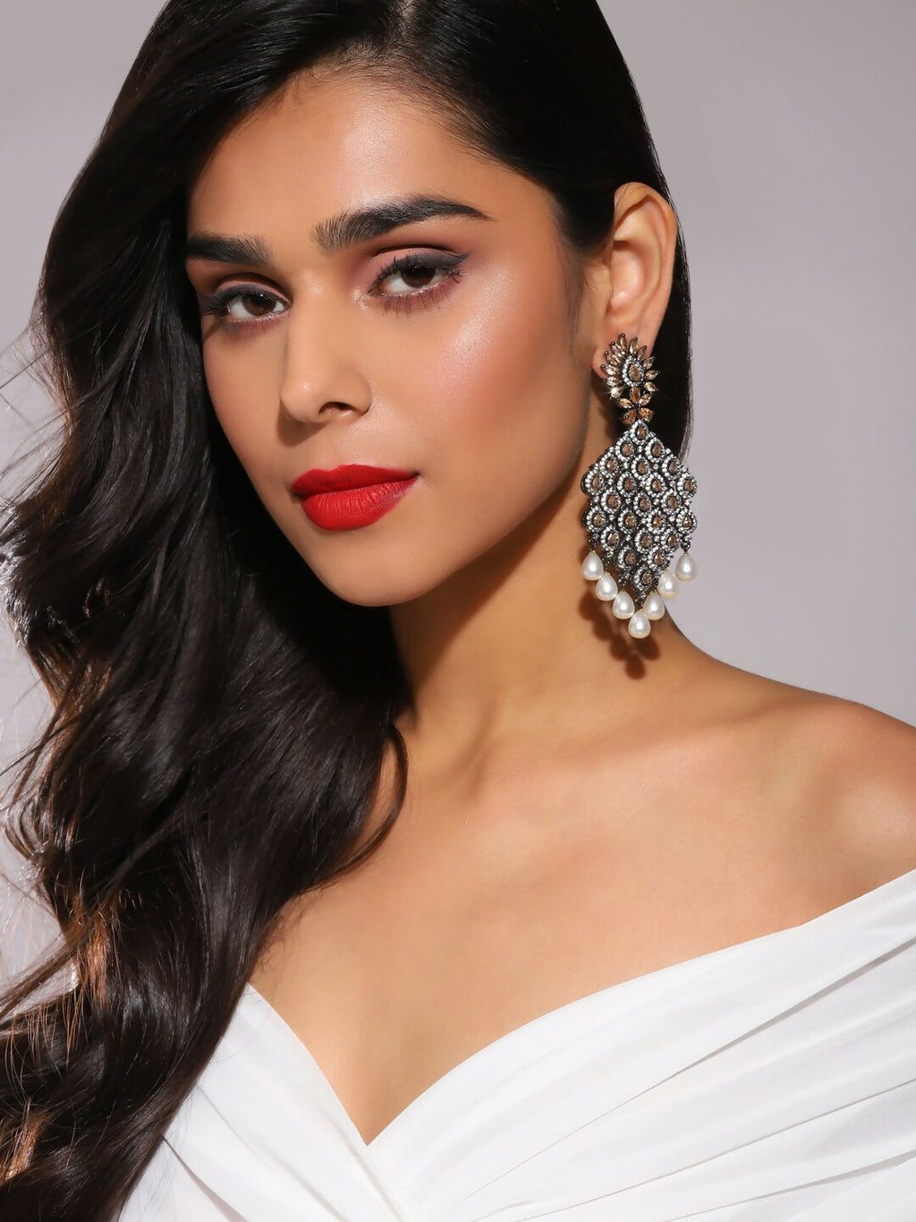 Champaign & Pearl Drop Earrings- Ruby Raang | Grocsy