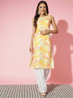 Myshka Women Multi Floral Cotton Straight Round Neck Kurtas | Grocsy