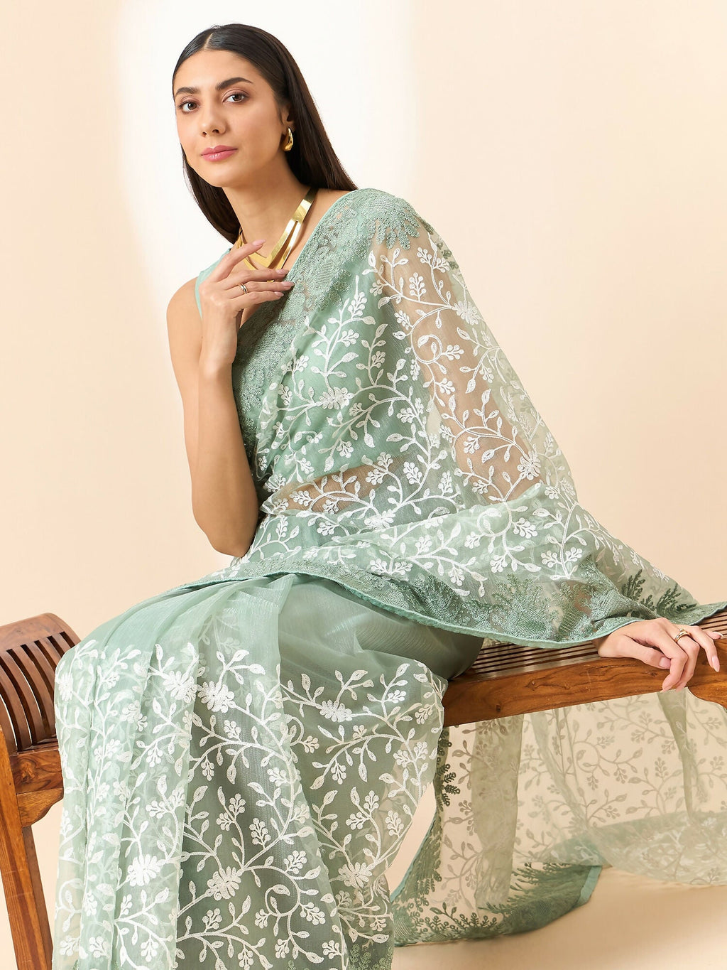Green Organza Floral Embroidered Saree with Unstitched Blouse Piece - Roozal | Grocsy