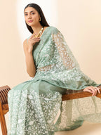 Green Organza Floral Embroidered Saree with Unstitched Blouse Piece - Roozal | Grocsy