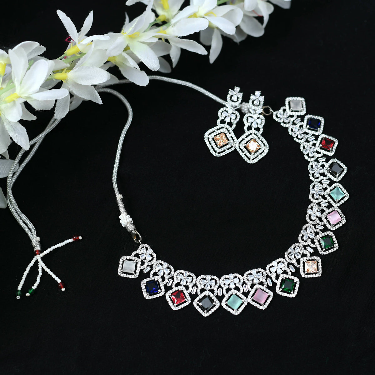 Mominos Fashion Johar Kamal Women Silver-Plated American Diamond Multi Colour Choker Set | Grocsy