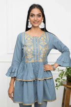 Myshka Women Grey Solid Round Neck Flared Sleeves Pure Cotton Top | Grocsy