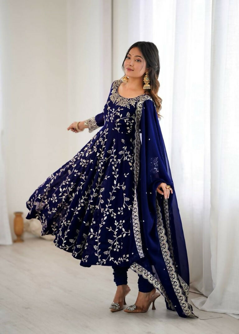 Teeya Creation Blue Color Heavy Faux Georgette Embroidery Work Gown | Grocsy