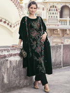 Jyoti Fashion Women's Green Velvet Resham Thread with Jari & Sequin Kurta with Trouser & Dupatta | Grocsy