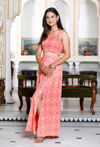 Miravan Women's Peach Animal Print Round Neck Top With Side Slit Skirt Co-Ord Set | Grocsy