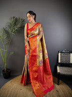 Elora Gold Silk Leheriya Meenakari Zari Weaves Dharmavaram Saree | Grocsy